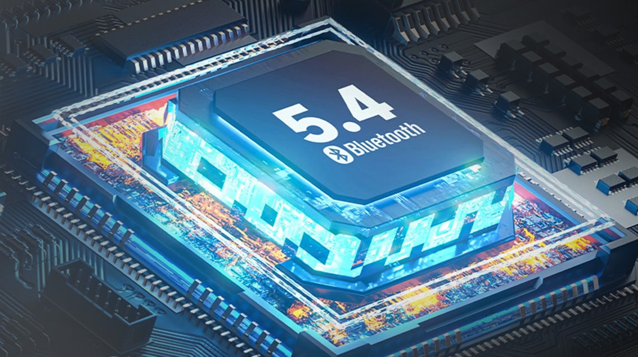 Bluetooth 5.4 chip on a circuit board, highlighting cutting-edge wireless technology for enhanced connectivity and performance.