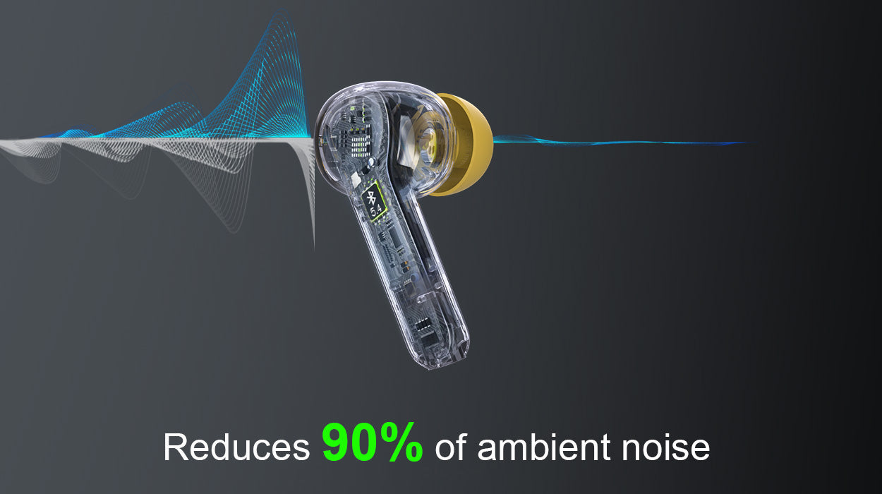 Earbuds with advanced noise cancellation technology, reducing 90% of ambient noise for a clear, immersive listening experience.