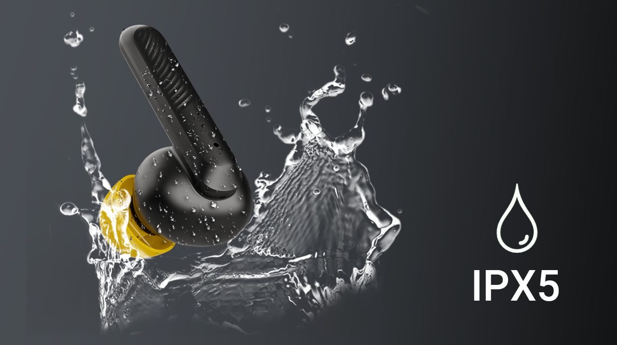 Waterproof earbuds with IPX5 rating, submerged in water, showcasing durability against splashes and sweat for active use.