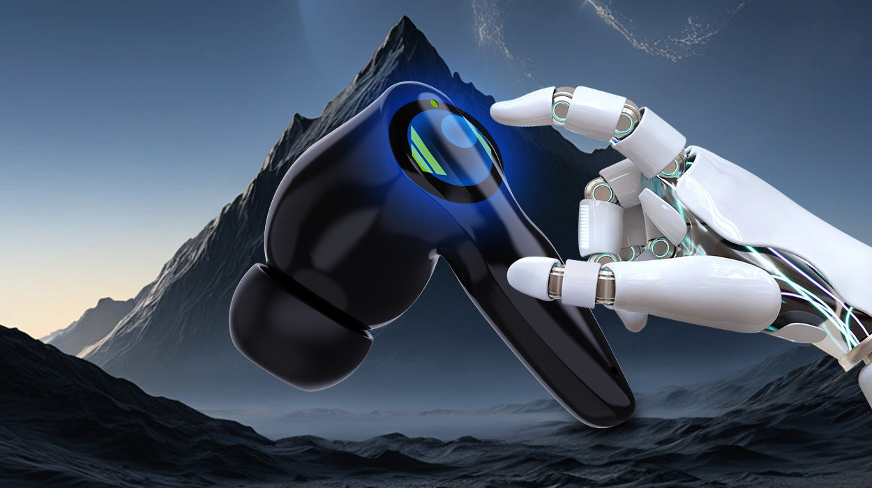 User tapping SIAWAG earbud to demonstrate intuitive touch controls for music and calls.