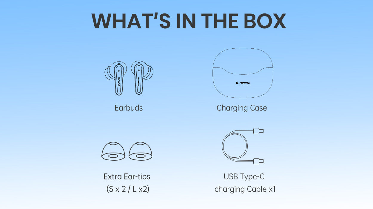 Package contents include earbuds, charging case, extra ear-tips (S x 2, L x 2), and a USB Type-C cable, providing a complete setup for immediate use.
