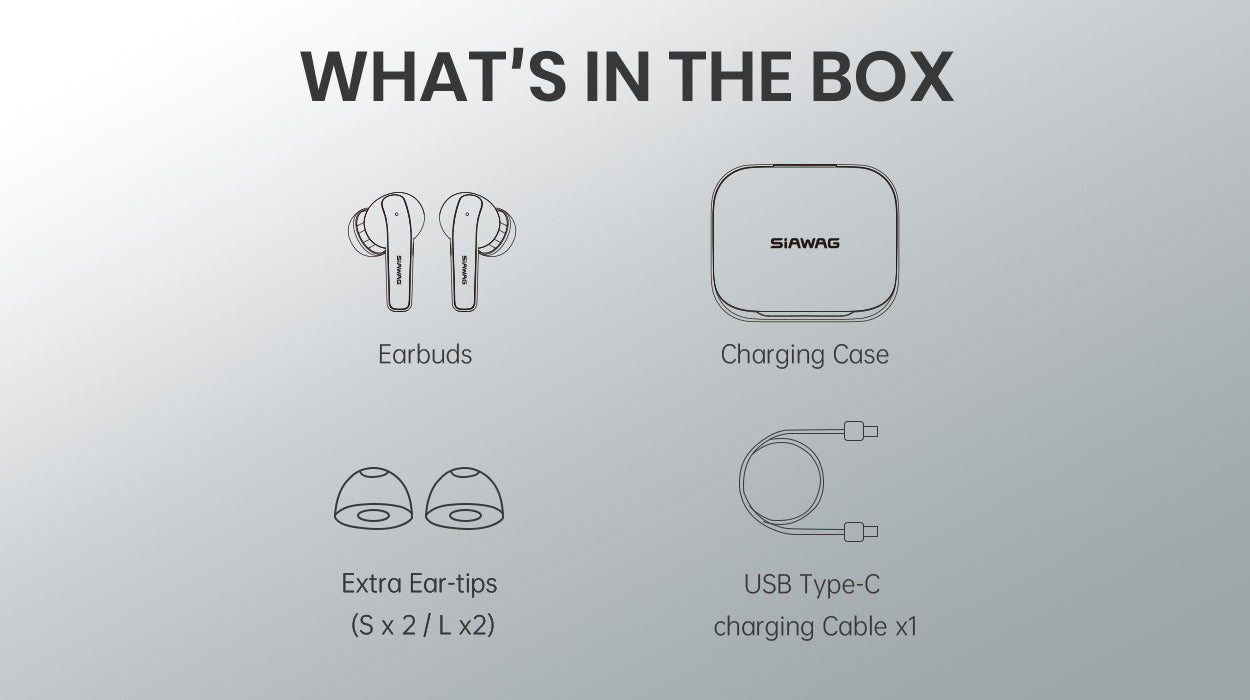Package contents include earbuds, charging case, extra ear-tips (S x 2, L x 2), and a USB Type-C cable, providing a complete setup for immediate use.