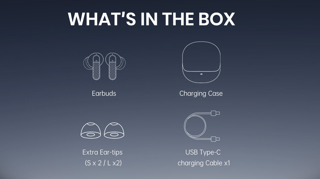 Package contents include earbuds, charging case, extra ear-tips (S x 2, L x 2), and a USB Type-C charging cable, providing a complete setup for use.