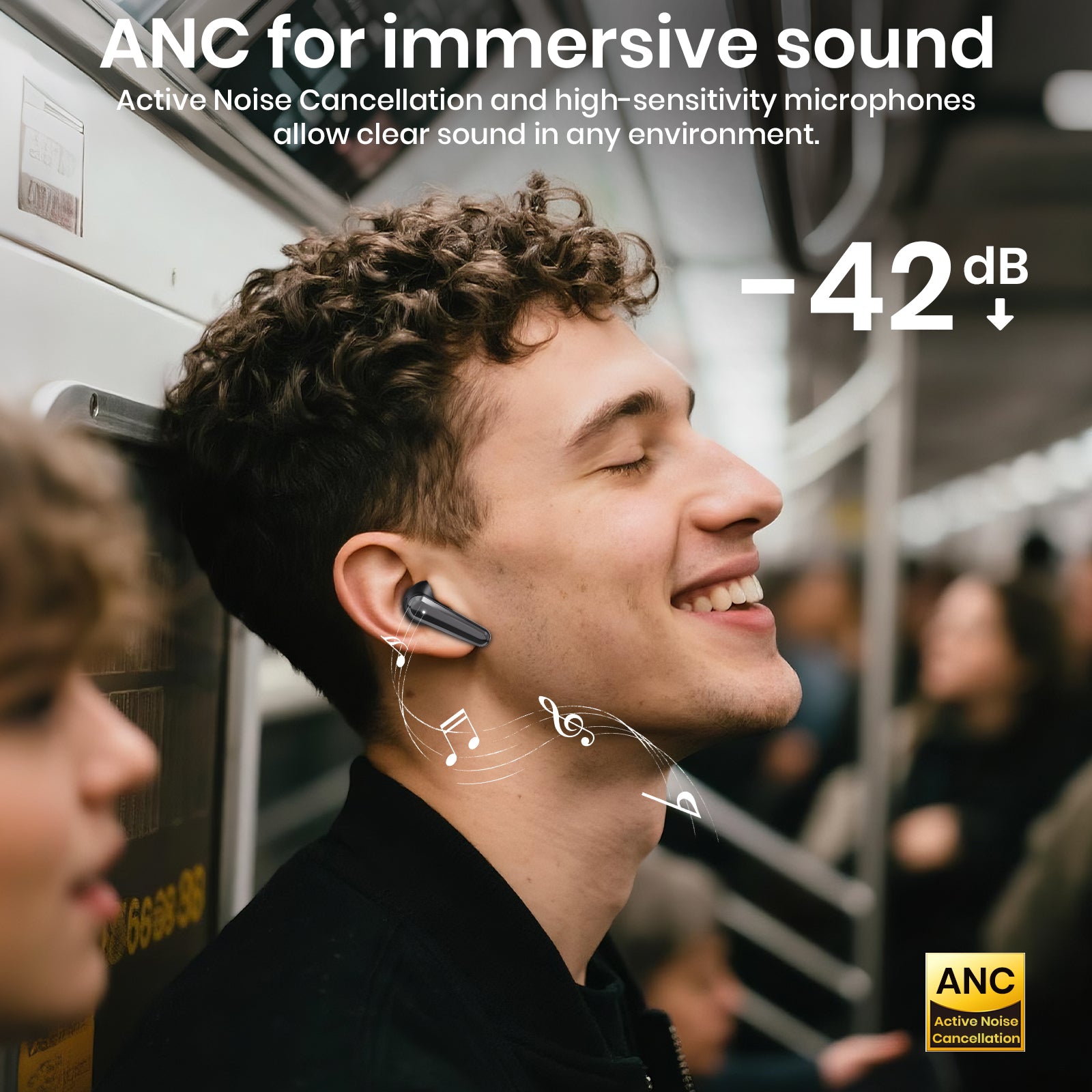 A man wearing SIAWAG BTW77 Bluetooth earbuds, which feature active noise cancellation for use on the subway.