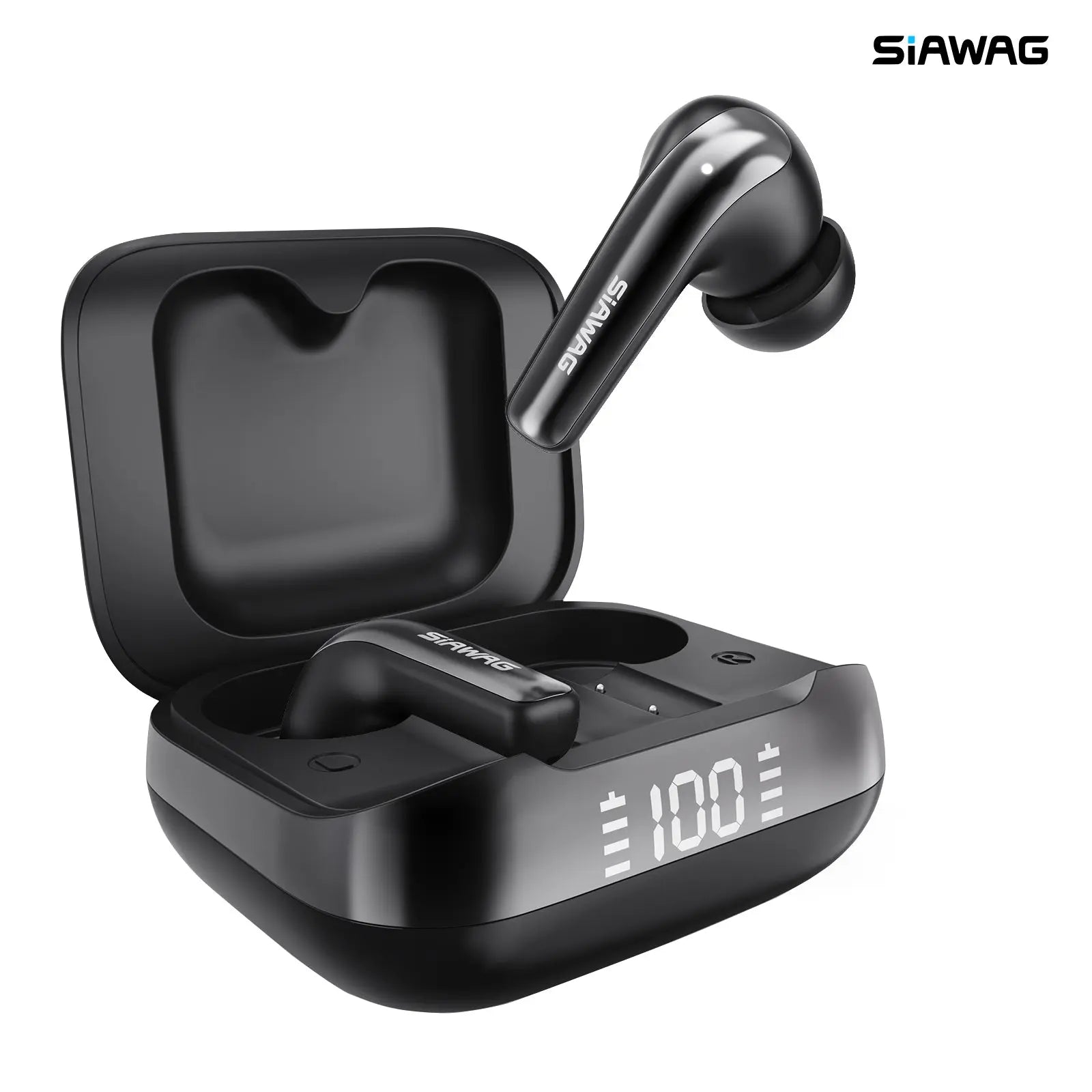 Siawag BTW78 black wireless earbuds with ENC and 40H playtime, featuring a sleek and modern design.
