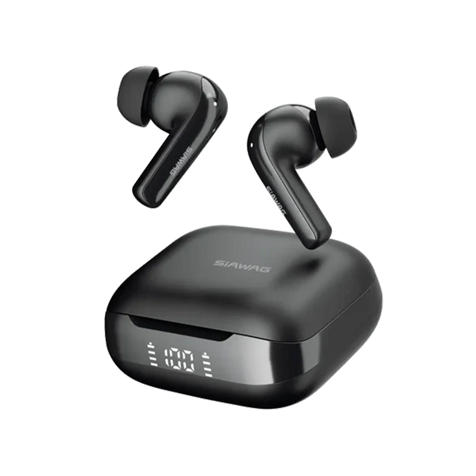 Siawag BTW78 black wireless earbuds with ENC and 40H playtime, angled view highlighting ergonomic design and premium finish.