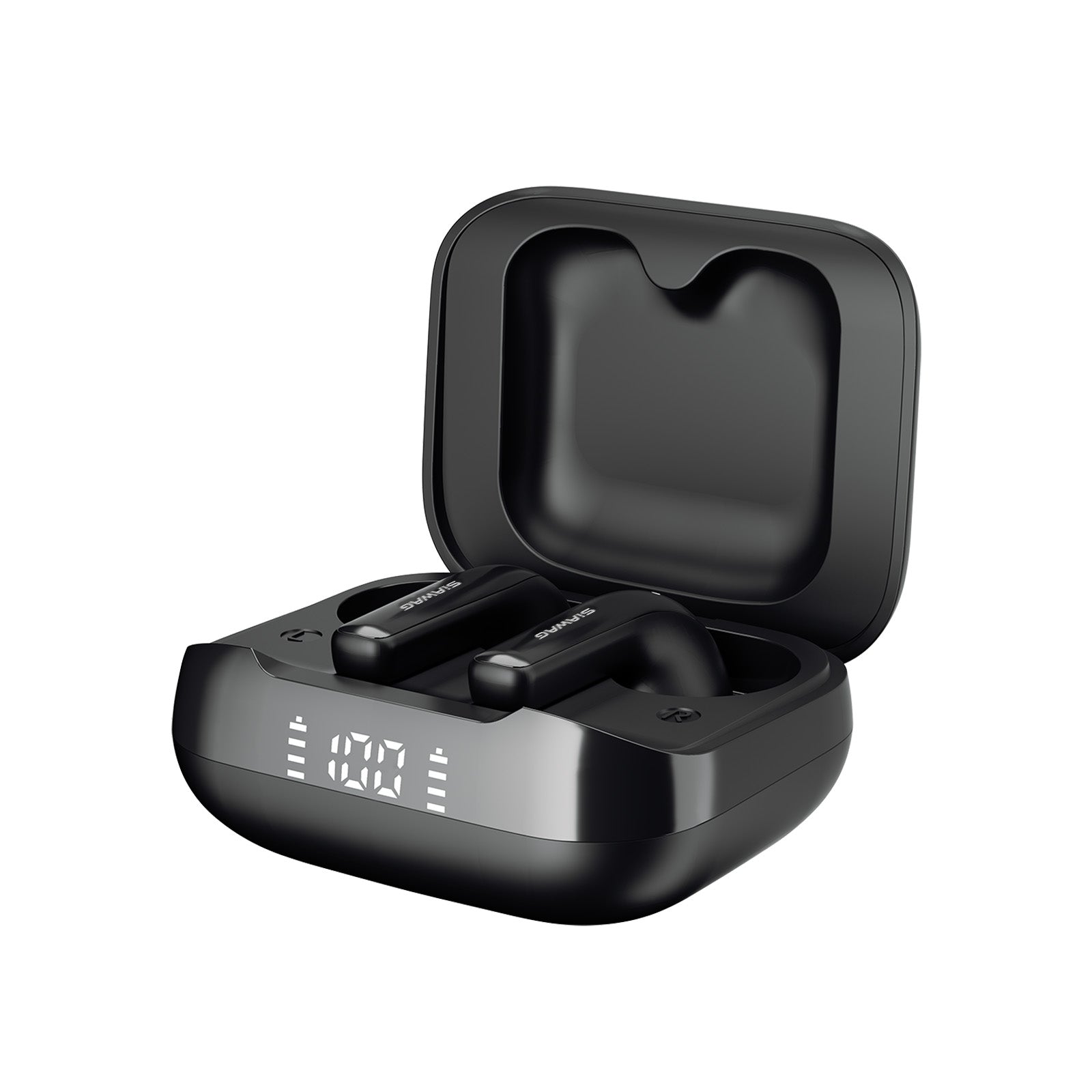 Siawag BTW78 black wireless earbuds with ENC and 40H playtime, displayed beside a compact charging case, emphasizing portability and sleek design.