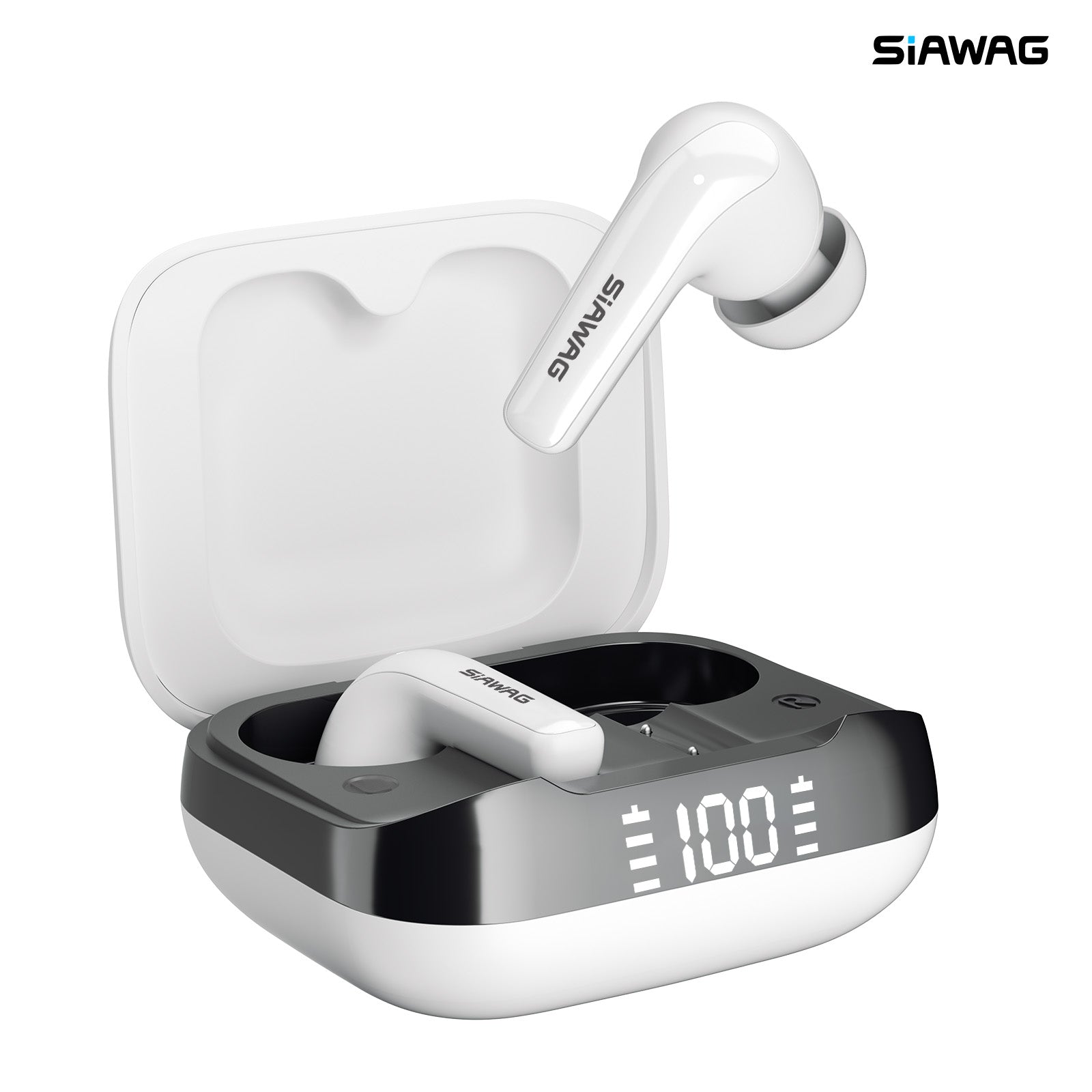 Siawag BTW78 white wireless earbuds with ENC and 40H playtime, featuring a sleek and modern design.