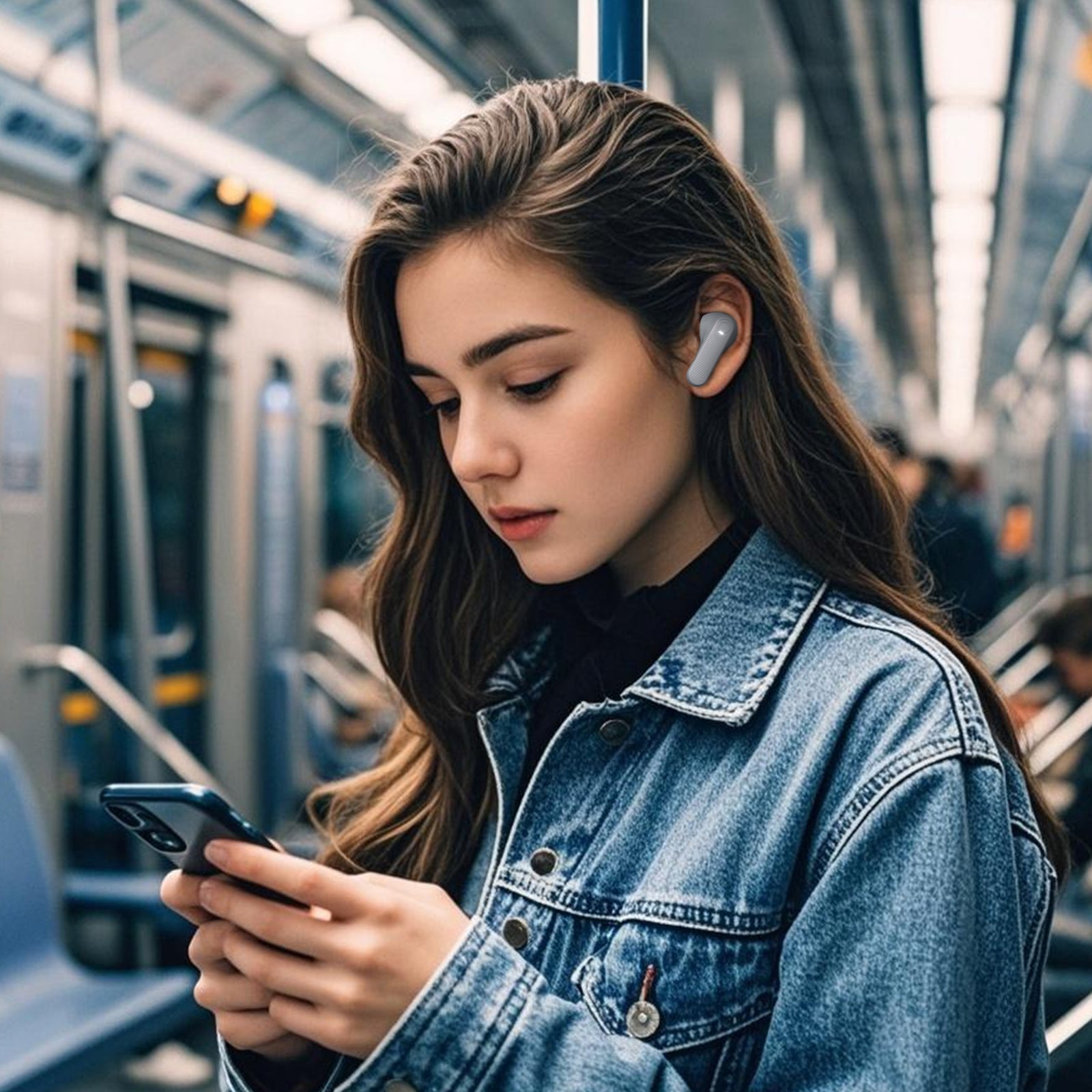 Young woman wearing wireless earbuds and using smartphone while commuting on a subway train.