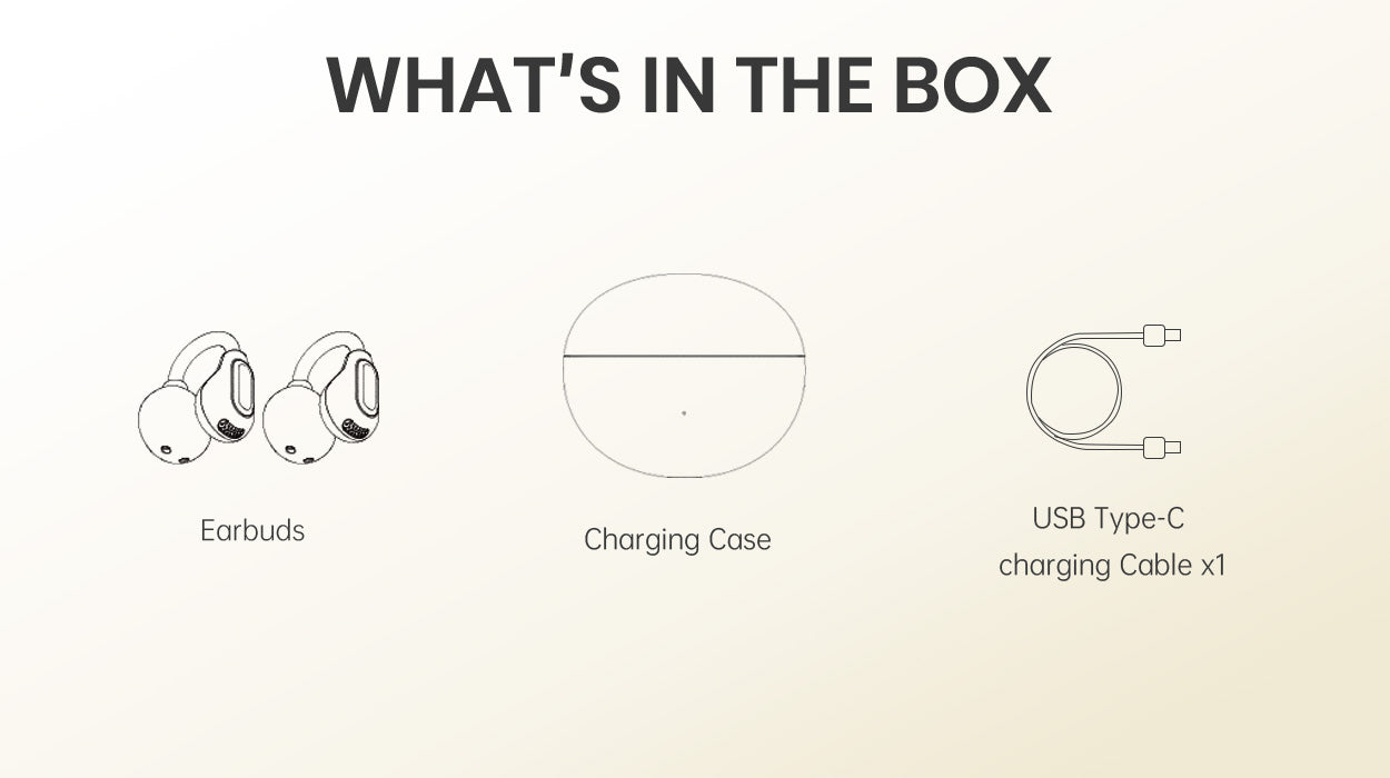 Package Contents: Earbuds, Charging Case, USB Type-C Cable. Complete Kit for Easy Setup and On-the-Go Charging.