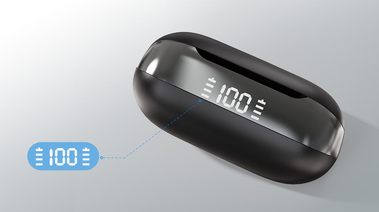 Close-up of SIAWAG BTW78 charging case with LED battery indicator, displaying remaining power for earbuds and case.