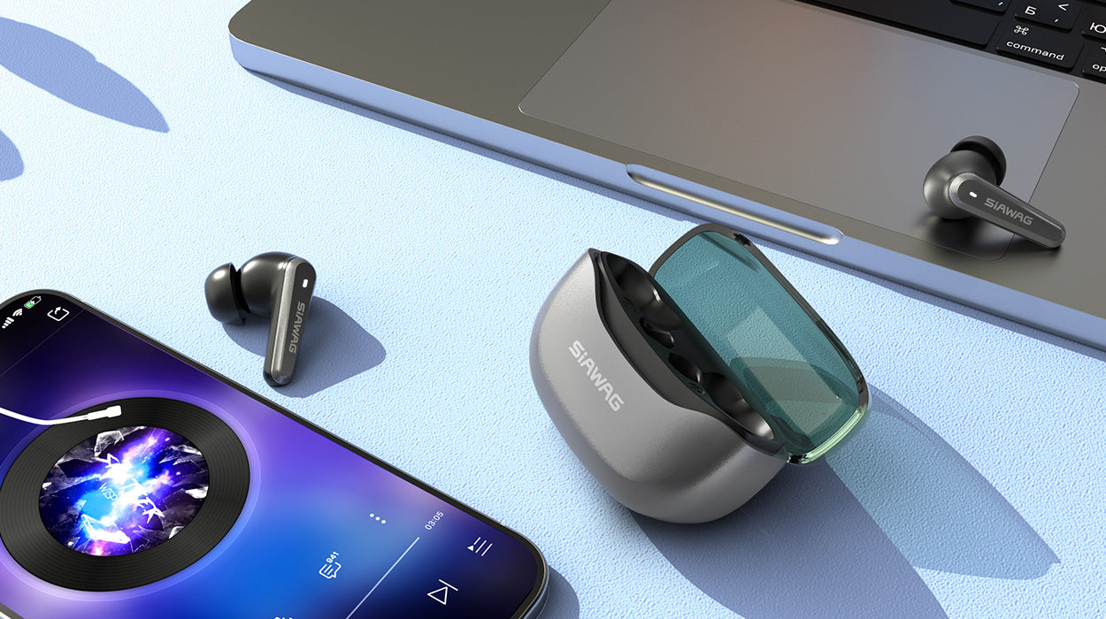 Wireless earbuds paired with both a smartphone and laptop, demonstrating seamless dual-device connectivity for versatile audio use.