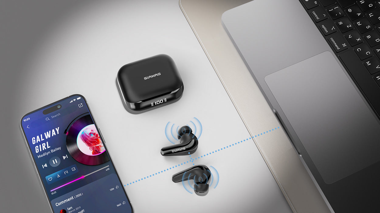 SIAWAG BTW78 earbuds with Hall sensor enabling instant connection and dual-device Bluetooth pairing for seamless switching.