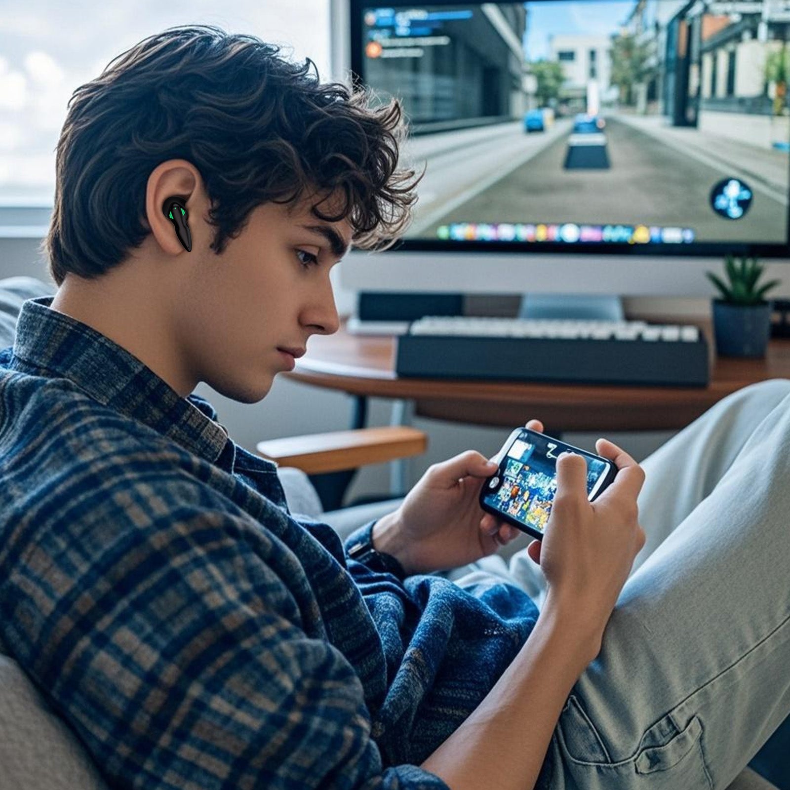 Young man wearing wireless gaming earbuds while playing a mobile game, with a large monitor in the background.
