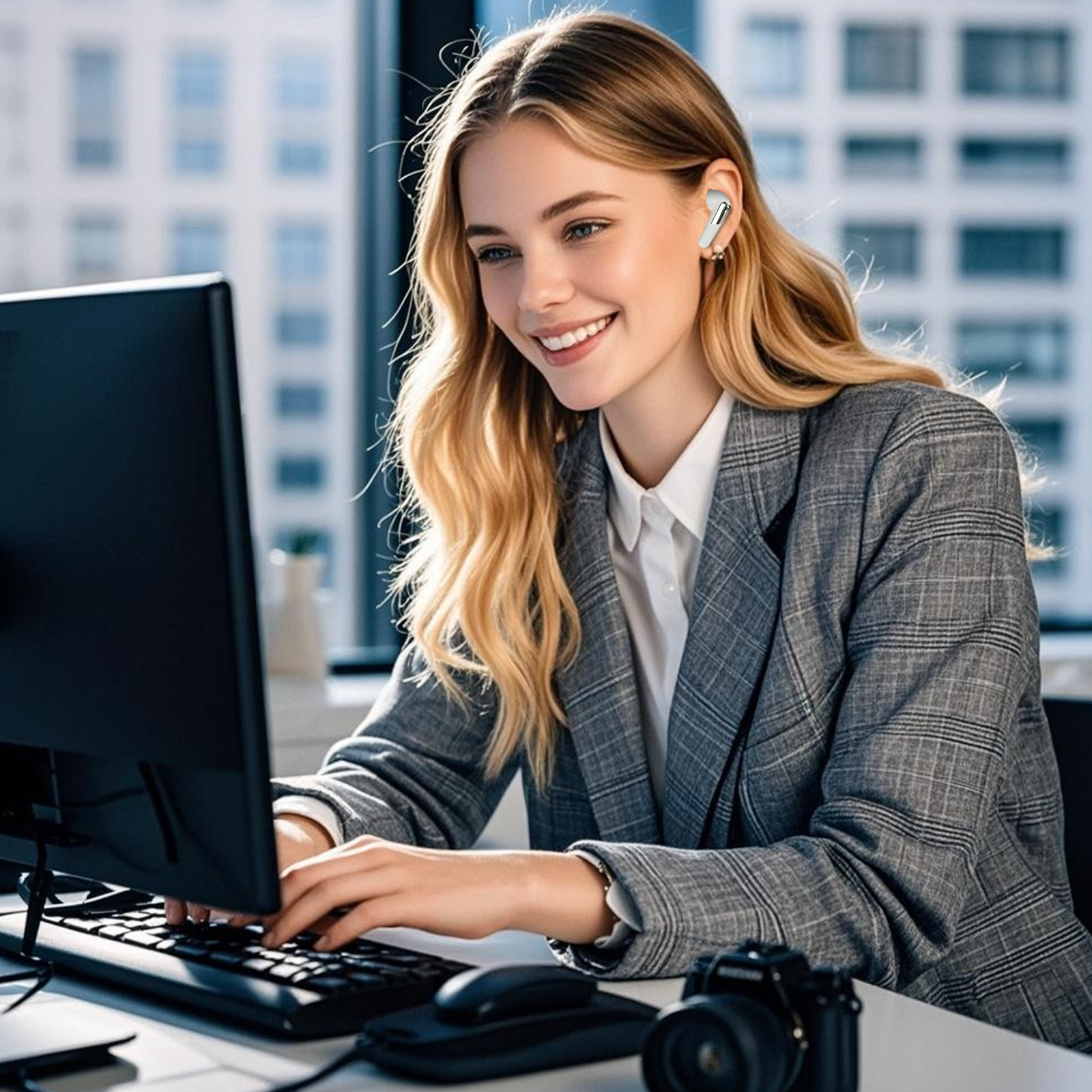 Smiling woman wearing wireless earbuds, working on a desktop computer in an office environment.