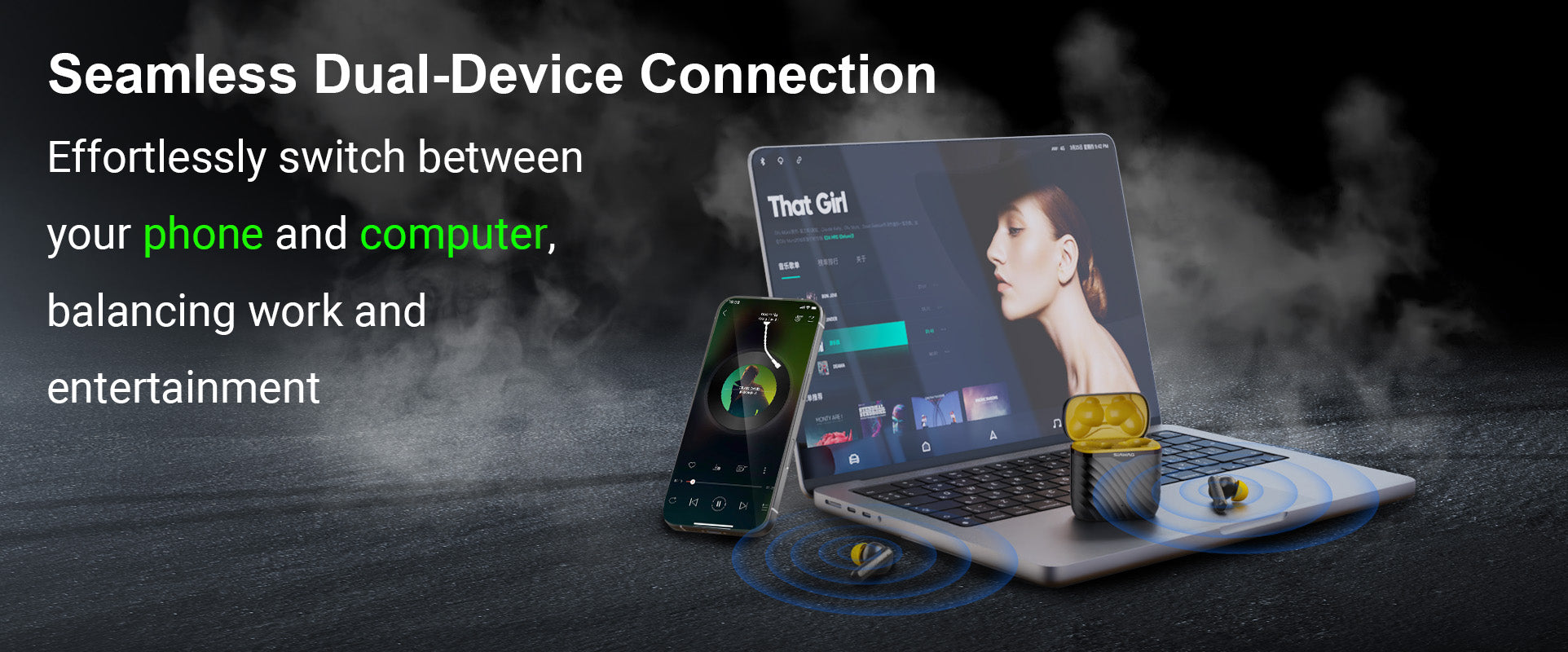 Seamless dual-device connection for earbuds, allowing easy switching between phone and laptop, perfect for balancing work and entertainment.