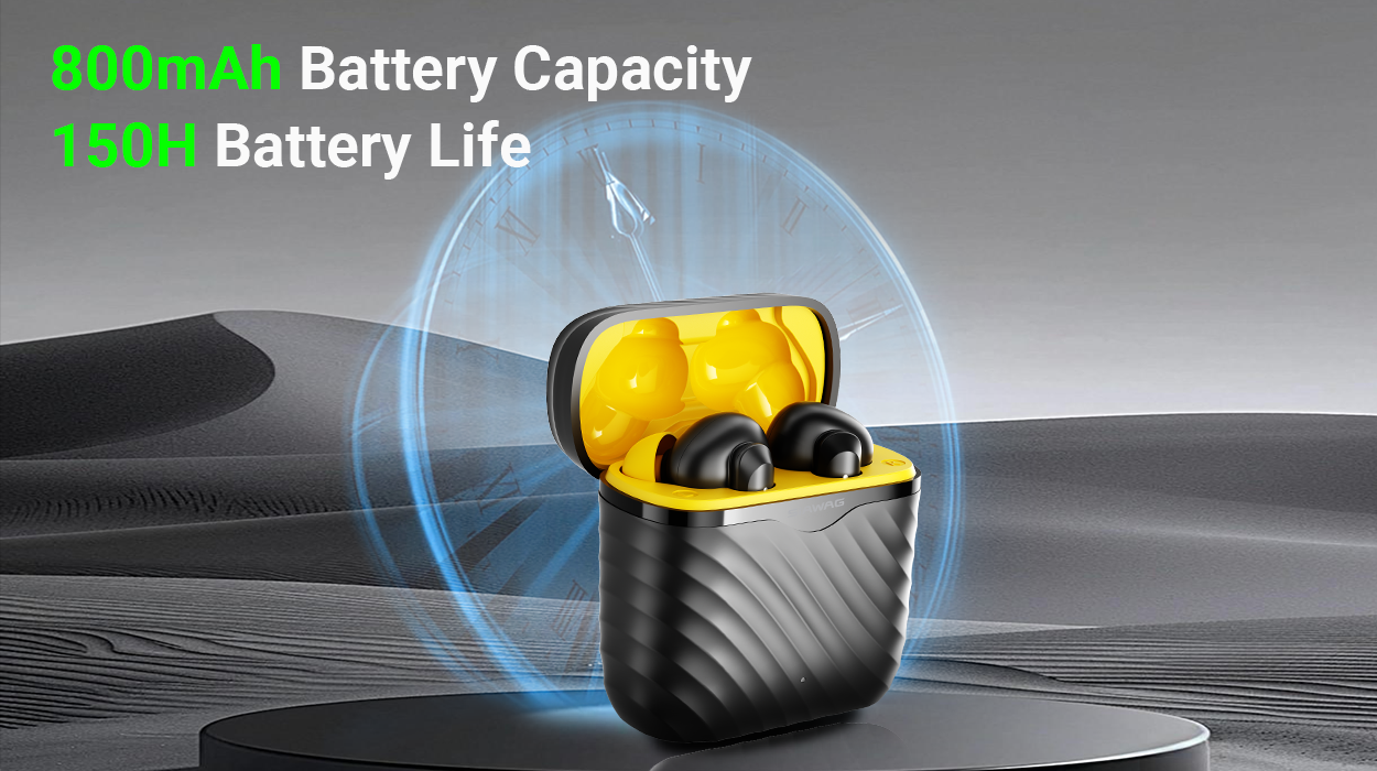 Wireless earbuds with 800mAh battery and 150-hour life. Long-lasting power for extended use, ensuring you never miss a beat.