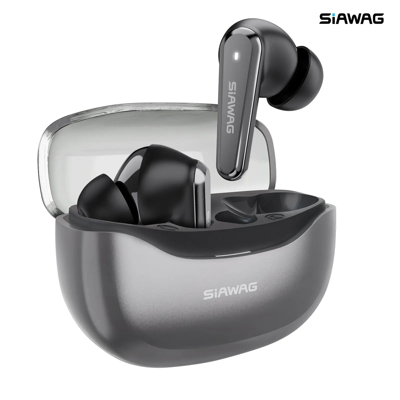 Siawag BTW108 wireless earbuds in black placed in closed charging case on white background