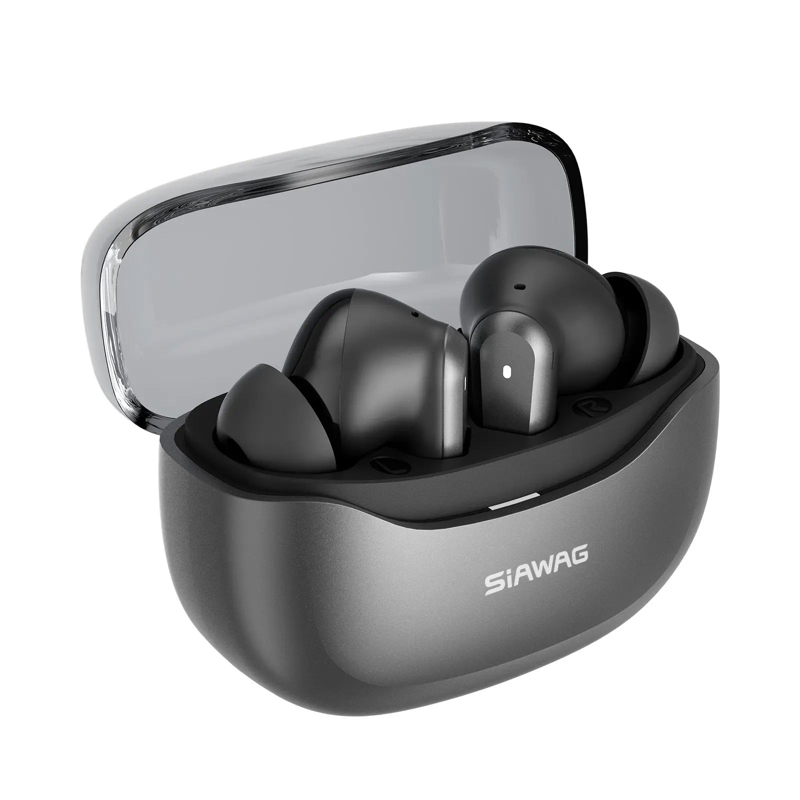 Close-up view of Siawag BTW108 black wireless earbuds on white background
