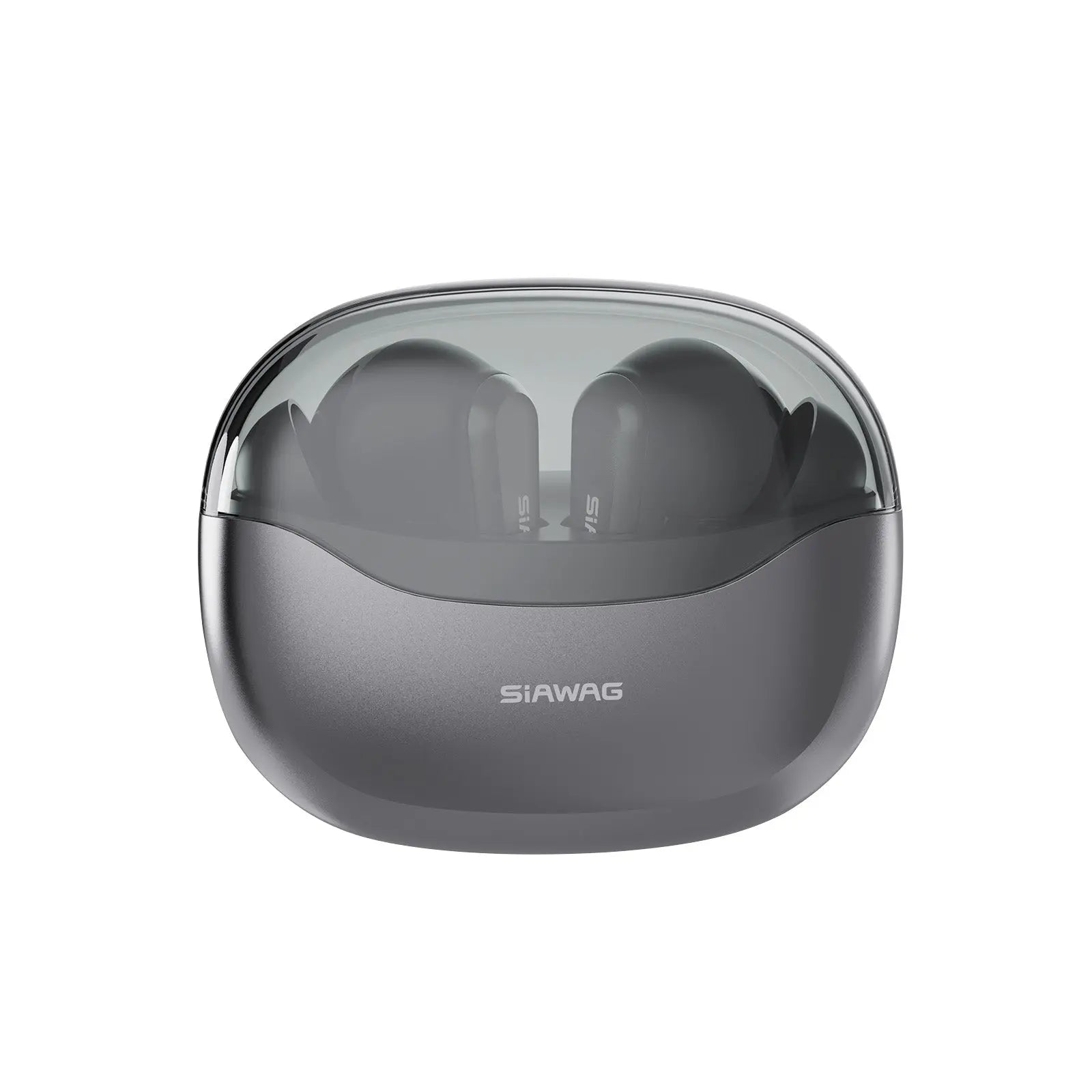 Siawag BTW108 black wireless earbuds with charging case open on white background