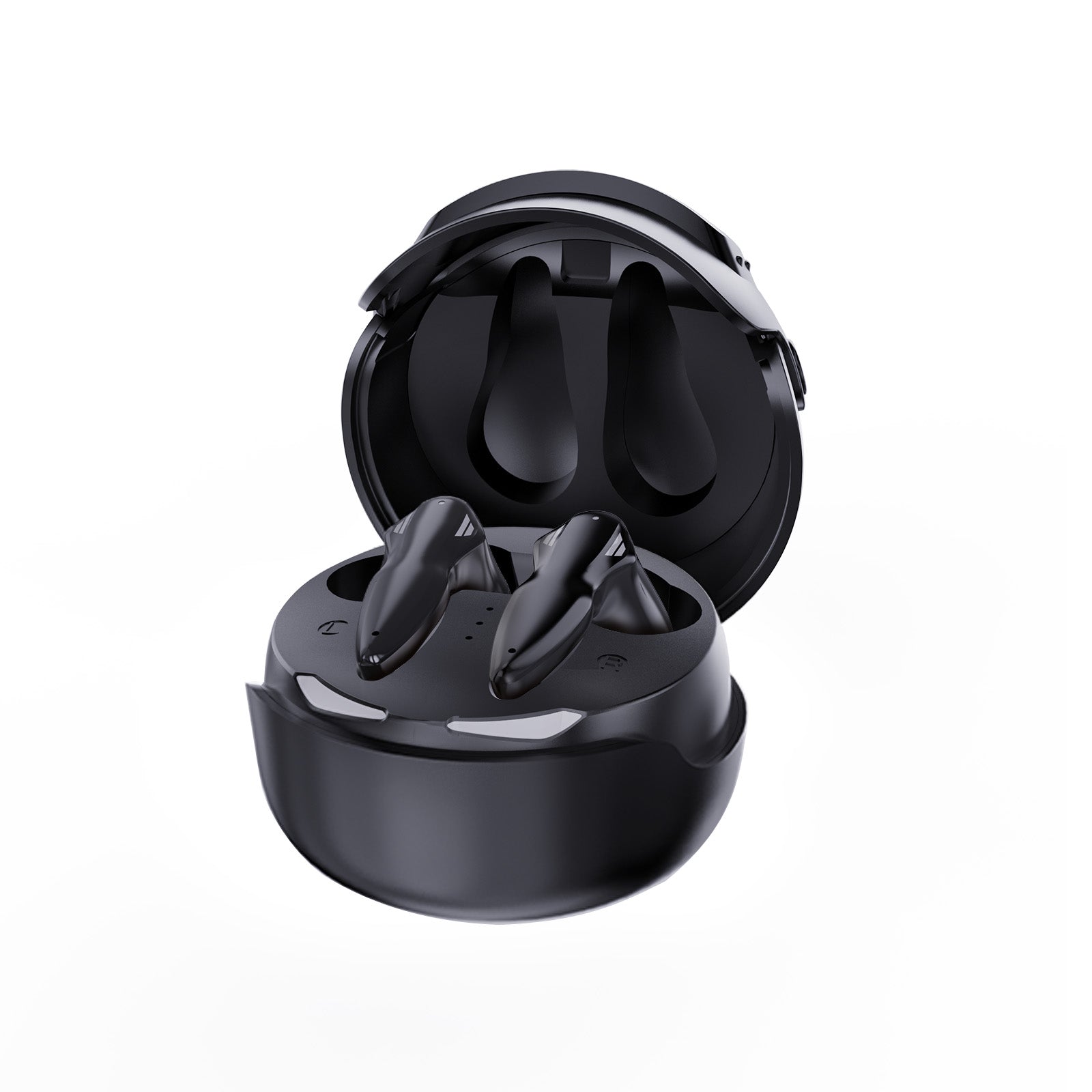 Siawag BTW46 black gaming earbuds with LED lights and open charging case on white background