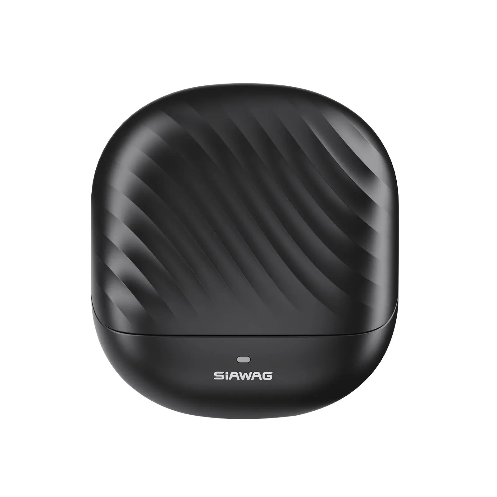 Siawag BTW73 black earbuds and charging case displayed separately, emphasizing sleek contours and minimalist design.