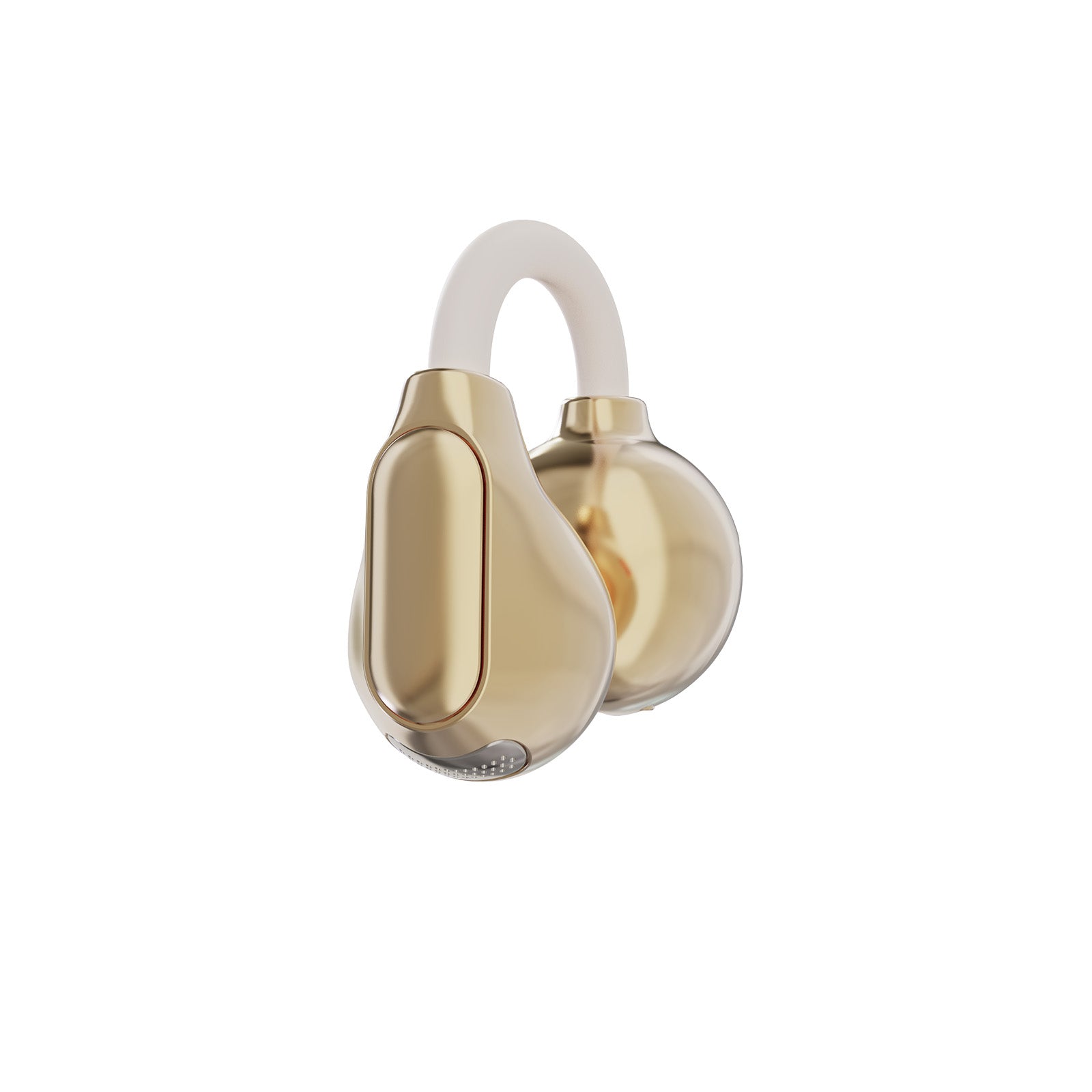 Close-up side view of Siawag Clip01 lightweight ENC earbuds in beige with charging case on white background