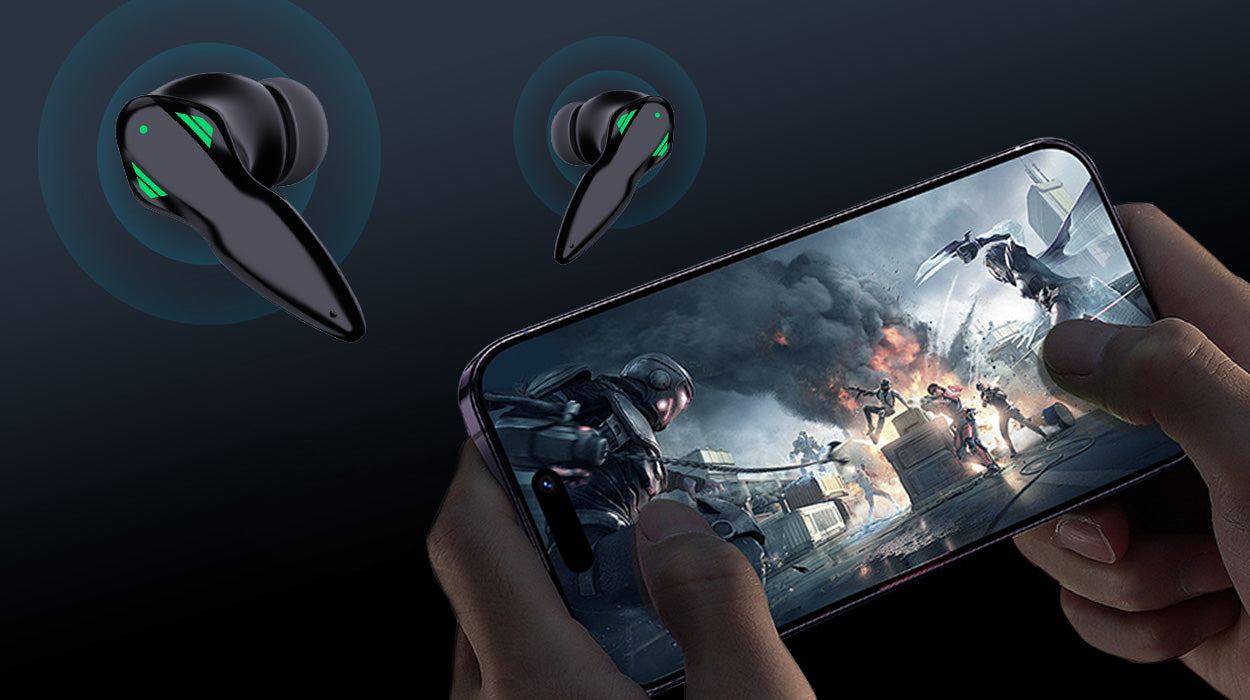 Person playing a mobile shooting game with SIAWAG earbuds, showing synchronized audio and visuals with ultra-low latency for an immersive gaming experience.