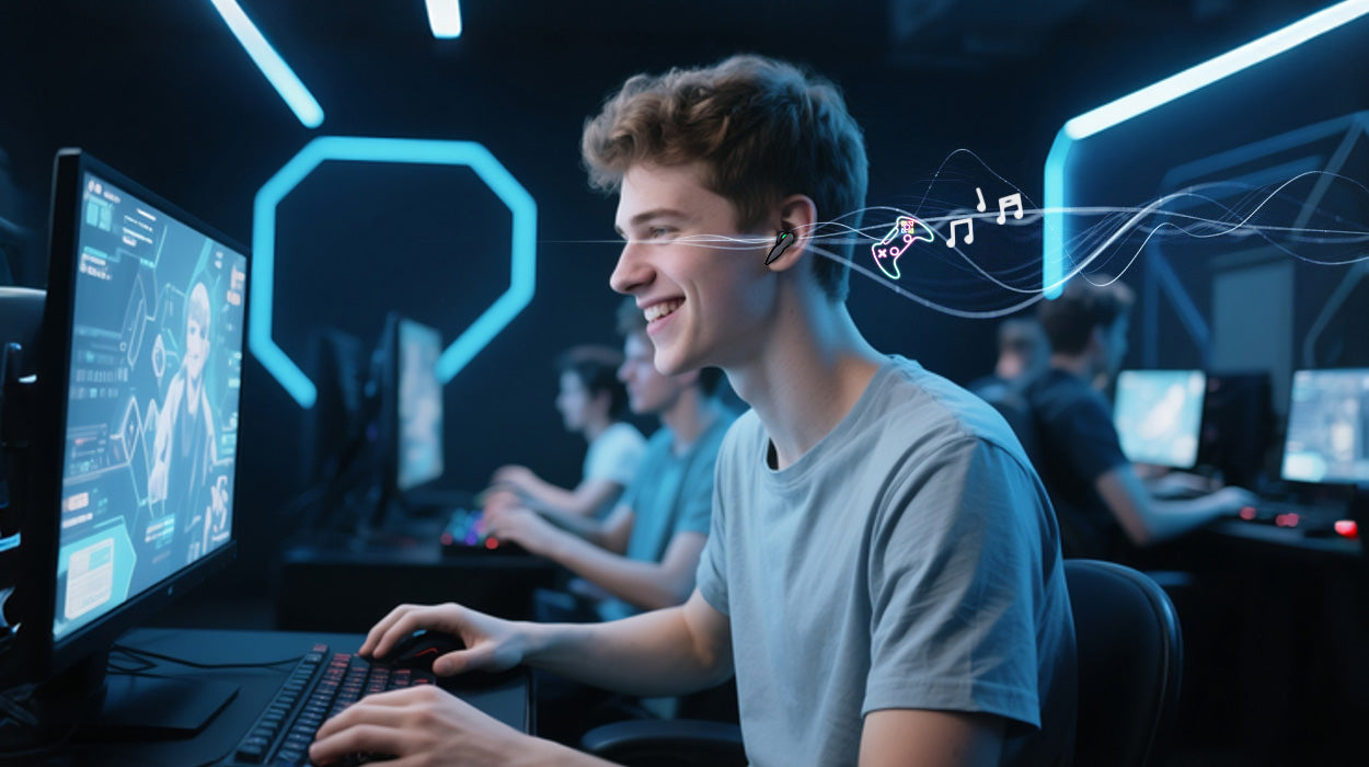 Young man gaming with noise-canceling headphones in a vibrant gaming room.