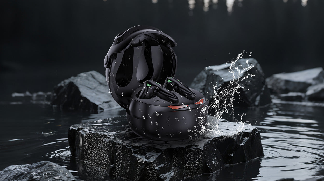SIAWAG earbuds with water droplets, showcasing IPX5 water resistance for sports and outdoor use.