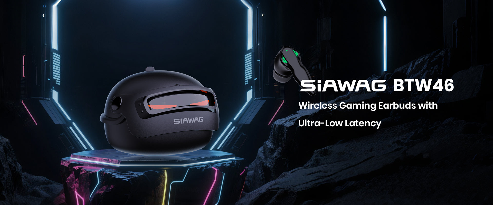 SIAWAG BTW46 wireless gaming earbuds with ultra-low latency, shown with a futuristic robot-style charging case on a neon-lit sci-fi platform.