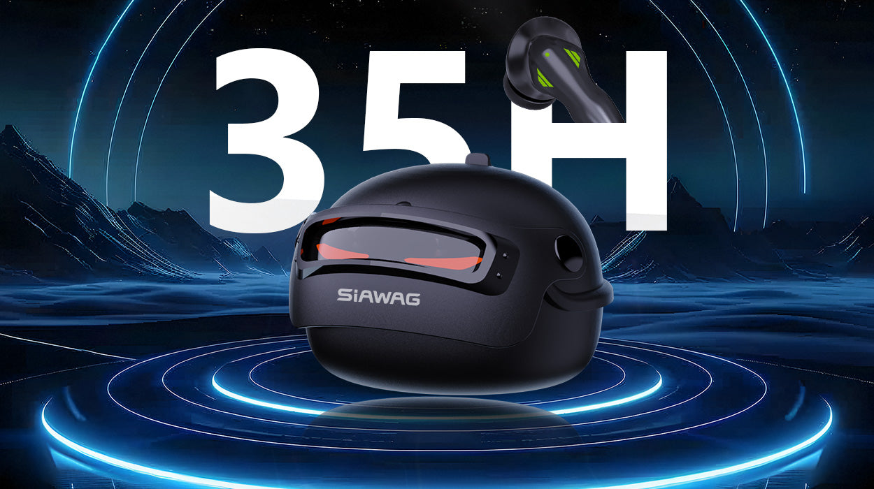 SIAWAG gaming earbuds with robot-style case and bold '35H' text, highlighting up to 35 hours of battery life in a futuristic, glowing blue environment.