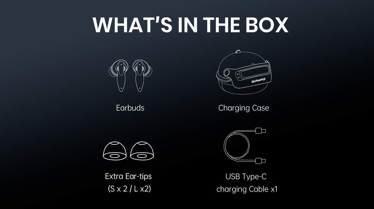 Package contents include earbuds, charging case, extra ear-tips (S x 2, L x 2), and a USB Type-C cable, providing a complete setup for immediate use.