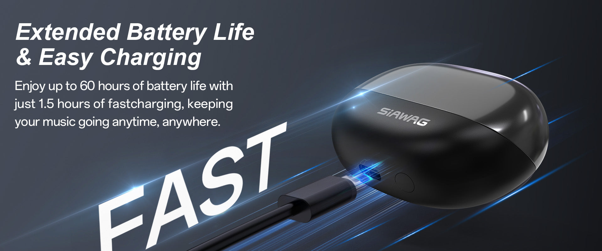 Black electronic device with charging cable on a dark background, featuring the brand 'SIAWAG'.