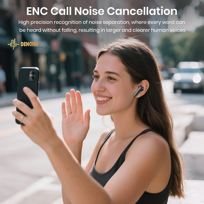A woman is using wireless earbuds to video call a friend; the Bluetooth earbuds feature ENC noise cancellation for clear calls.