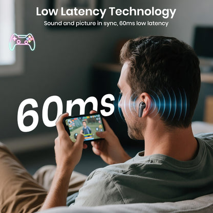 Man playing video games with text about low latency technology