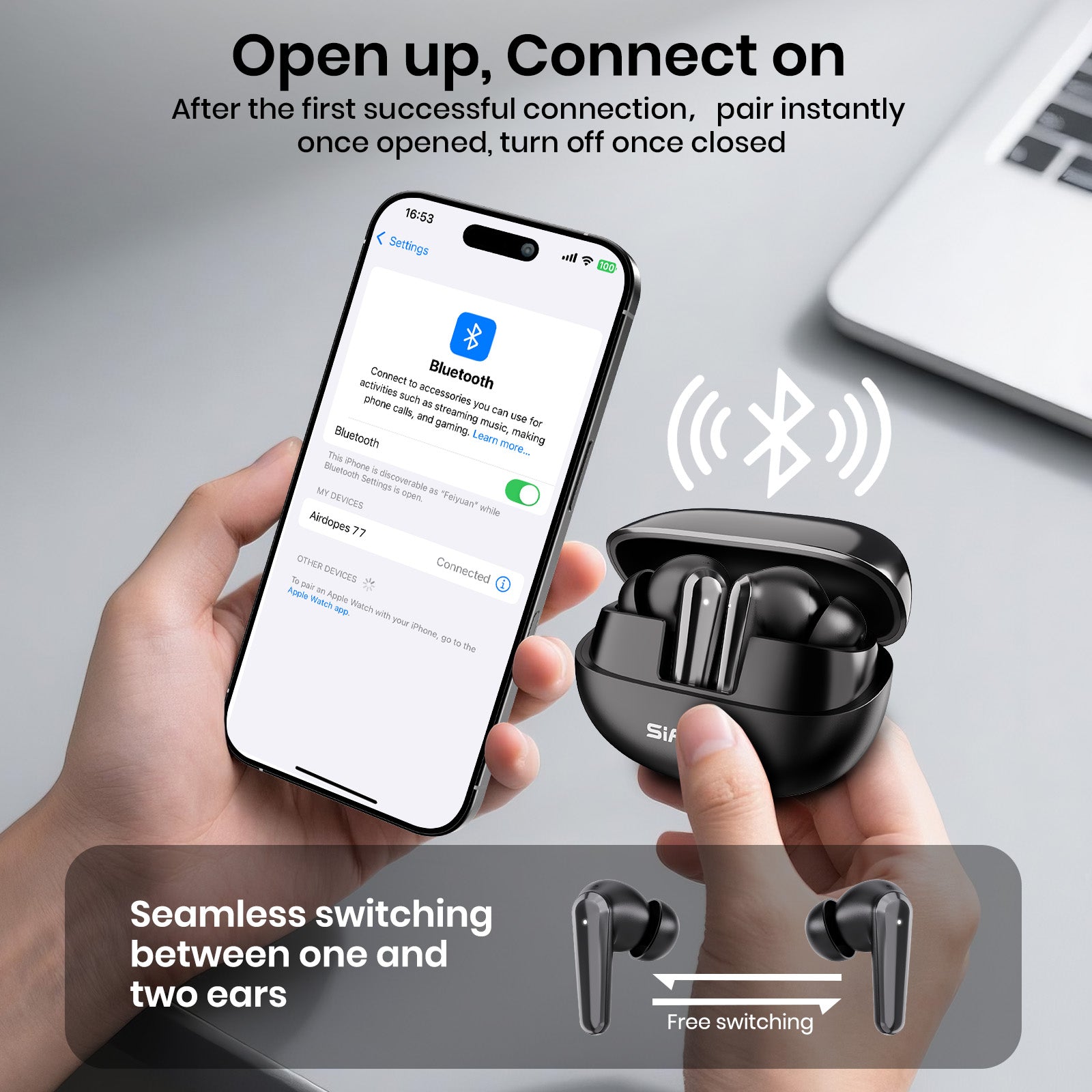 Black wireless earbuds in a charging case with a smartphone showing Bluetooth connection on a gray background.