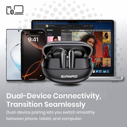 SiAWAG earbuds in a case with smartphone, tablet, and laptop on a light gray background