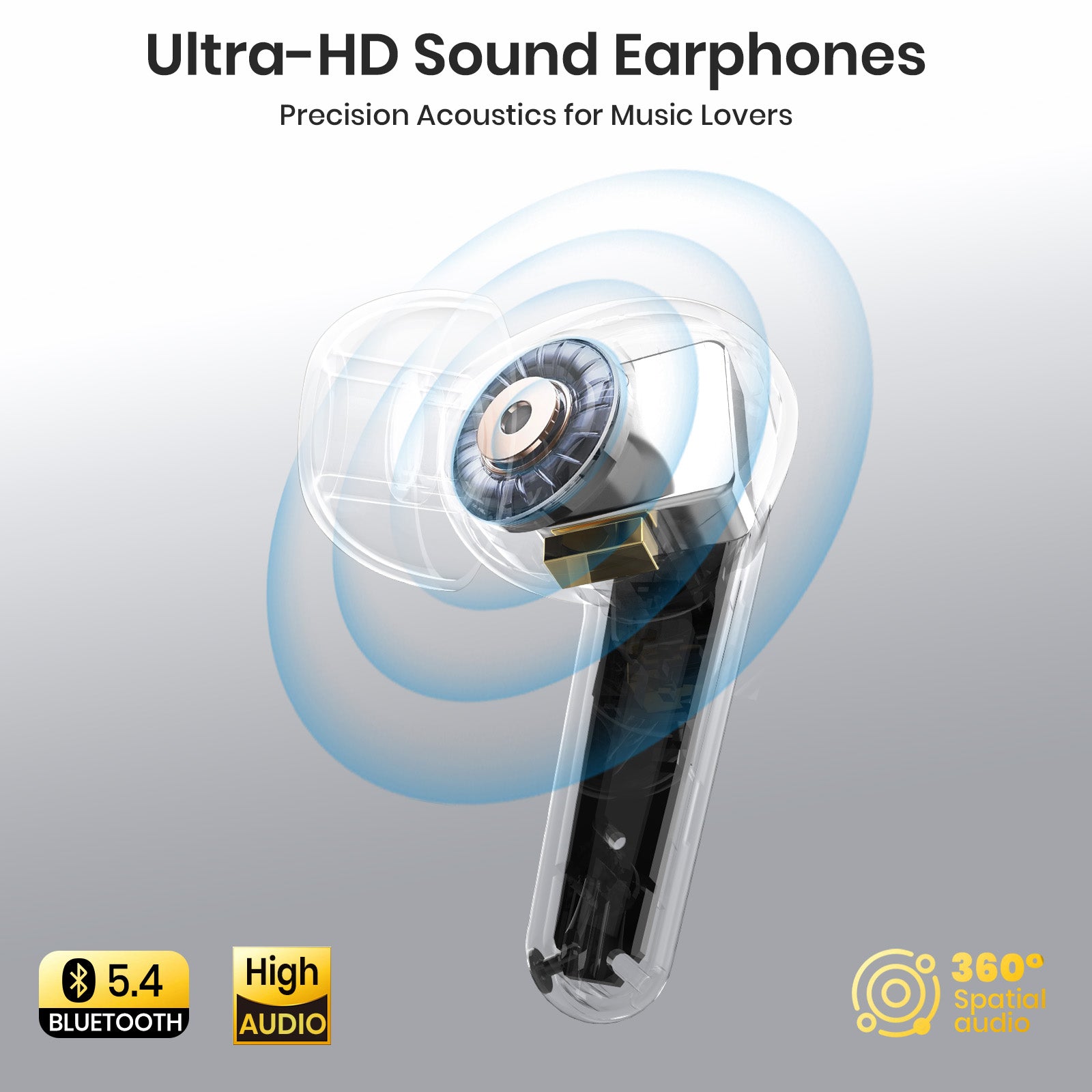Ultra-HD sound earphones with acoustic wave illustration on a gray background