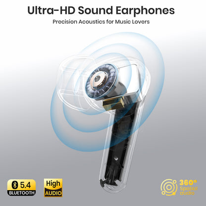 Ultra-HD sound earphones with acoustic wave illustration on a gray background