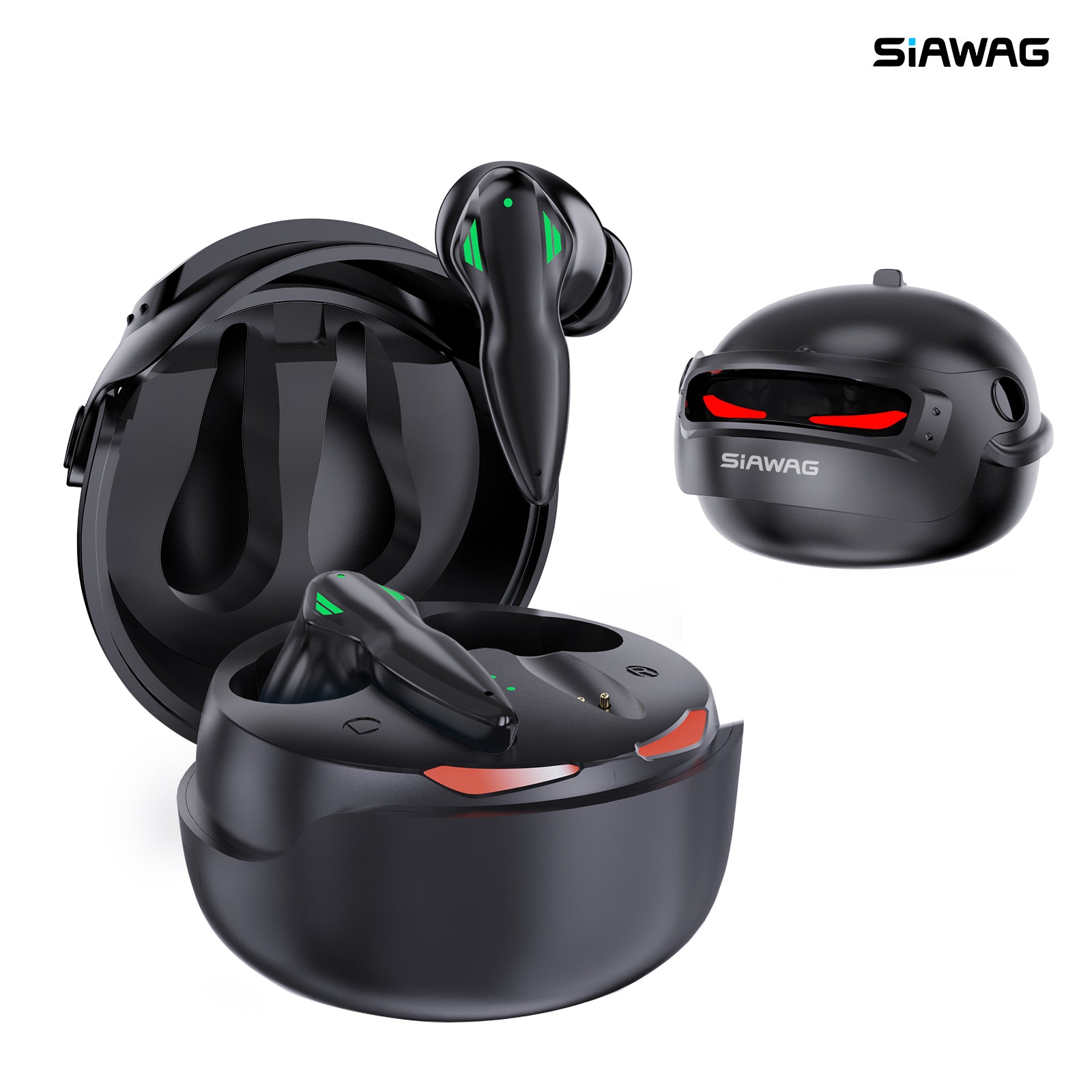 Siawag BTW46 gaming earbuds with LED lights and charging case on a white background.