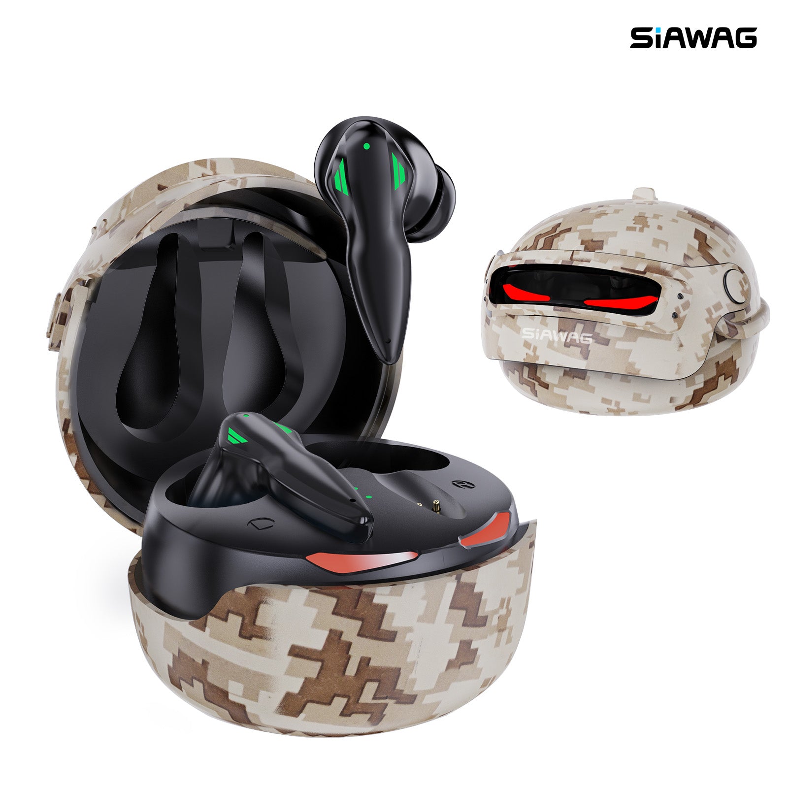 Siawag BTW46 Camouflage Yellow gaming earbuds with LED lights on white background