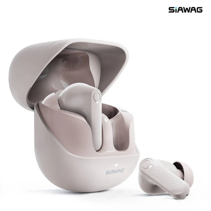 Close-up of Siawag BTW73 beige wireless earbuds showcasing sleek design and premium matte finish.