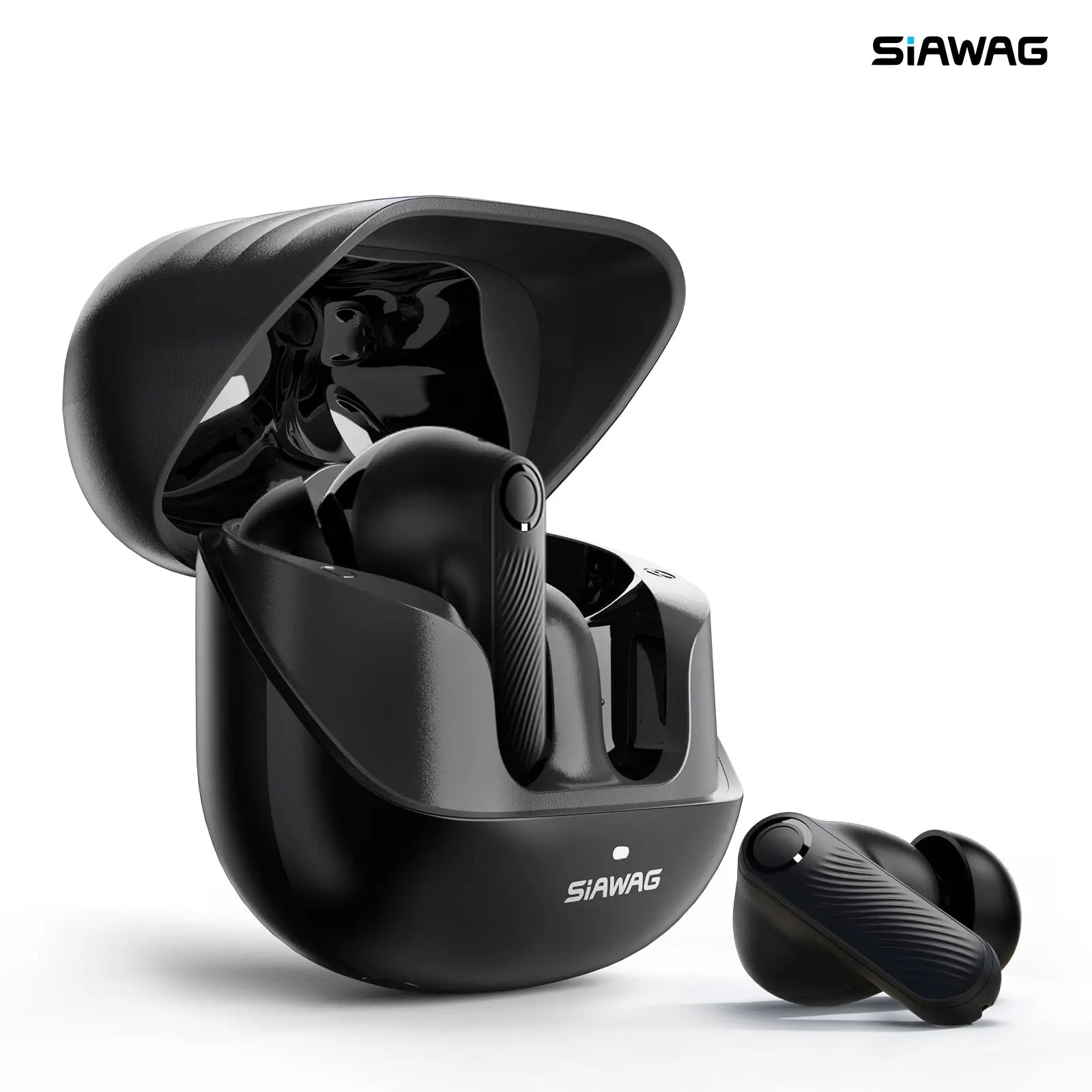 Close-up of Siawag BTW73 black wireless earbuds showcasing sleek design and premium matte finish.
