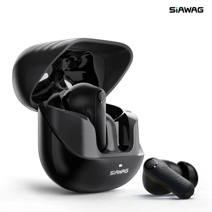 Close-up of Siawag BTW73 black wireless earbuds showcasing sleek design and premium matte finish.
