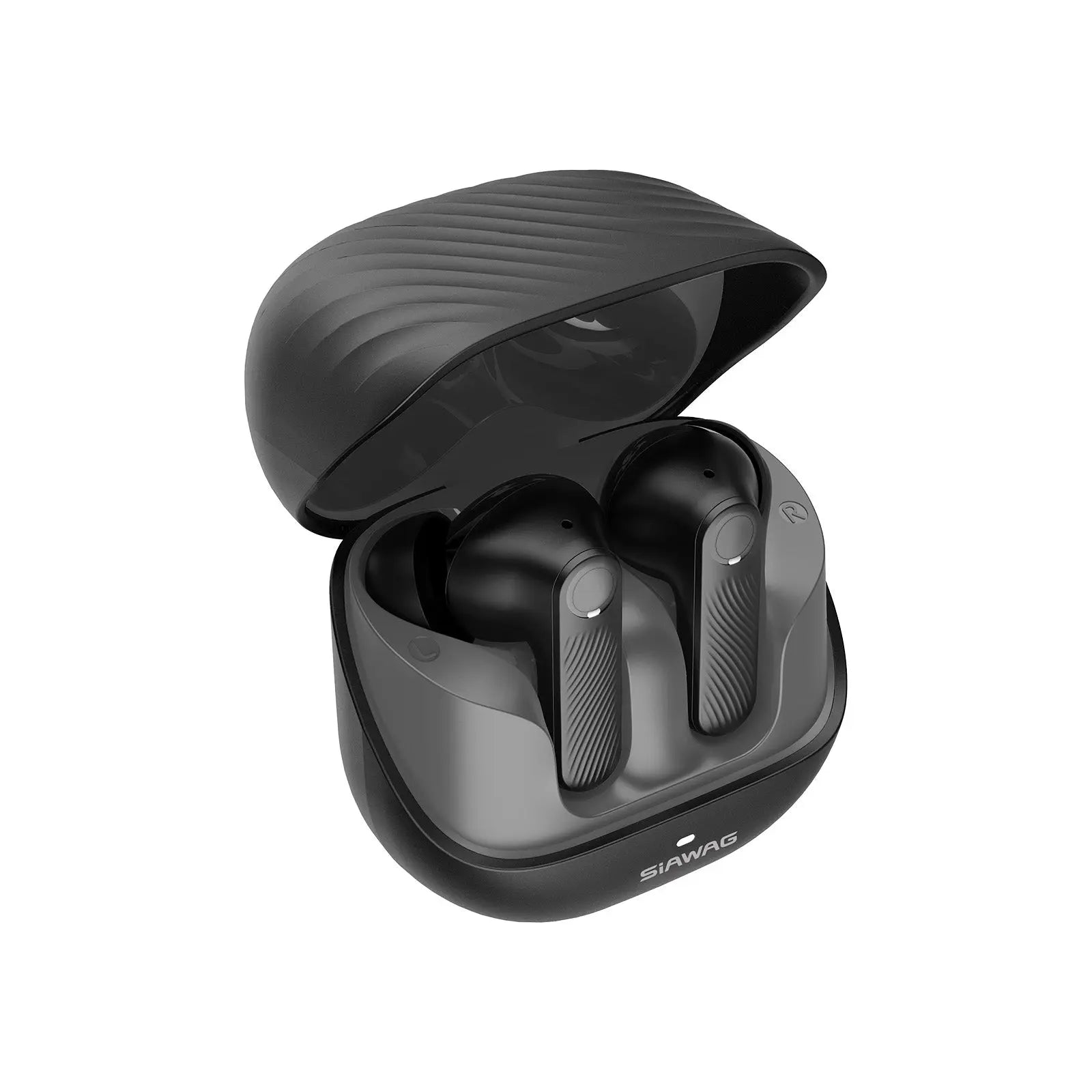 Siawag BTW73 black wireless earbuds resting in their sleek charging case, highlighting modern and compact design.