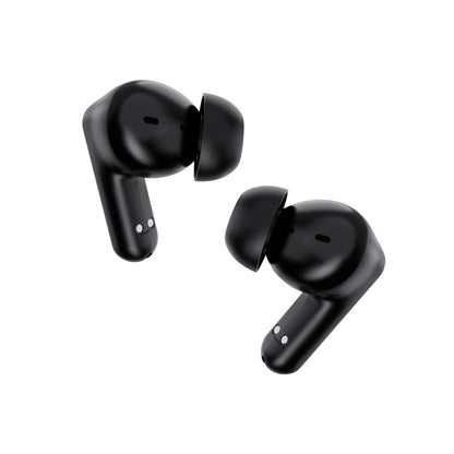 Angled view of Siawag BTW73 black wireless earbuds in open charging case, highlighting ergonomic in-ear design and compact form.