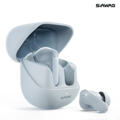 Close-up of Siawag BTW73 blue wireless earbuds showcasing sleek design and premium matte finish.