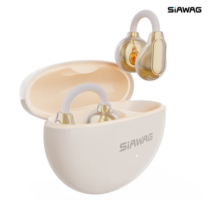 Siawag Clip01 lightweight ENC earbuds in blue with charging case on white background