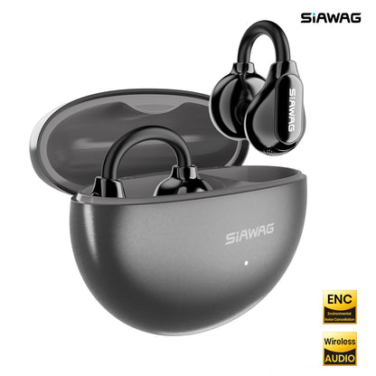 Siawag Clip01 lightweight ENC earbuds in black with charging case on white background
